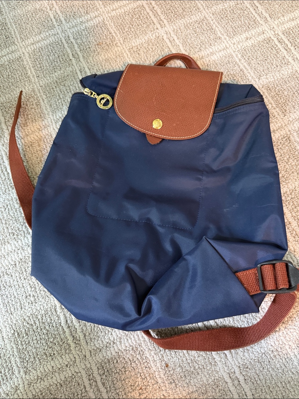 Longchamp Navy Blue and Brown Le Pliage Nylon Backpack